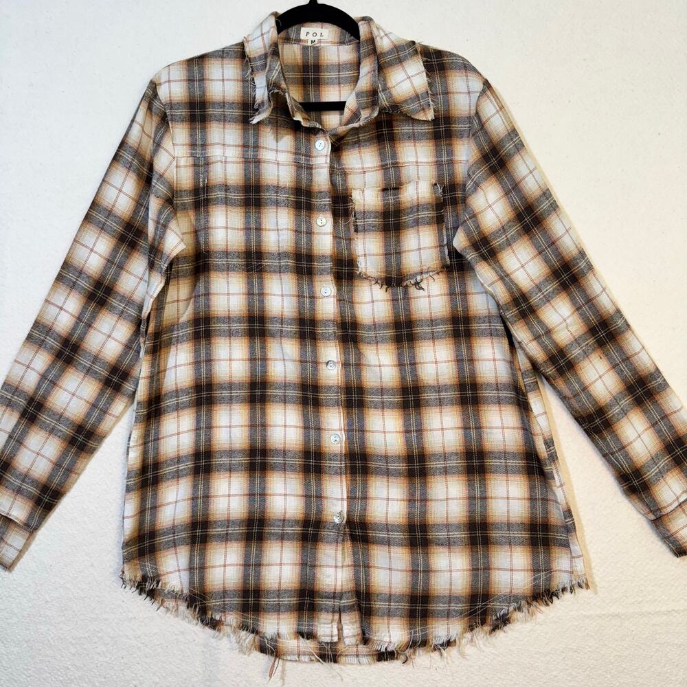 POL Oversized Long Sleeve Cream Brown Plaid Distressed Flannel Button-Up Medium - Picture 3 of 7